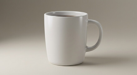 Fototapeta premium A simple white ceramic coffee cup filled with hot black coffee. A minimalist blank mug template for mockup design on a clean studio background