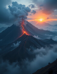 Dramatic volcano eruption at sunset, powerful mountain spewing smoke and lava. majestic and awe inspiring natural landscape scenery view