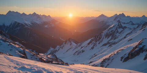 Serene sunrise over majestic winter mountain landscape. sun casts golden glow on snow covered peak and deep valley below