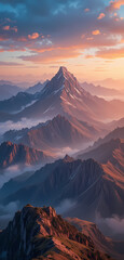 Majestic mountain peak landscape with peaceful light at sunset. Serene fog and cloud fill scenic valley for beautiful dramatic view