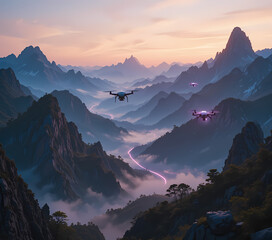 Serene futuristic drones flying over majestic mountain valley landscape. glowing river flows below at sunset, blending technology and nature