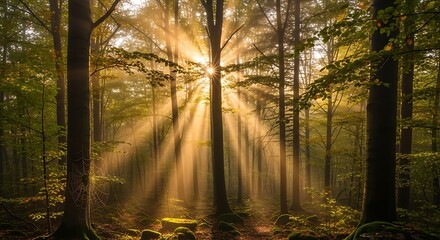 Fototapeta premium Sunbeams in Autumn Forest. (2)