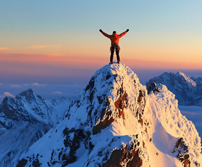 Triumphant hiker standing on snowy mountain peak at sunrise. Man celebrating success and freedom with arms raised above clouds in nature