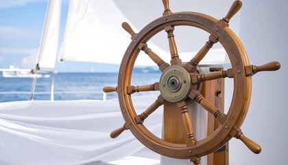 Wooden ship's wheel on a yacht