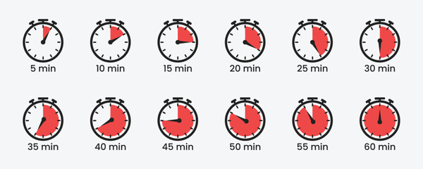 Stopwatch timer icon set with 5-minute intervals. Vector clock illustration for countdowns, cooking, sports, and UI design from 5 to 60 minutes
