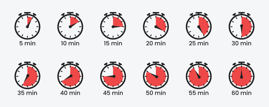 Stopwatch timer icon set with 5-minute intervals. Vector clock illustration for countdowns, cooking, sports, and UI design from 5 to 60 minutes