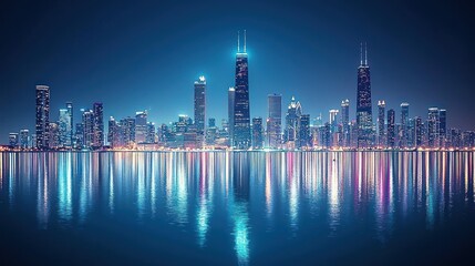 Naklejka premium Cityscape at night, vibrant reflections on water