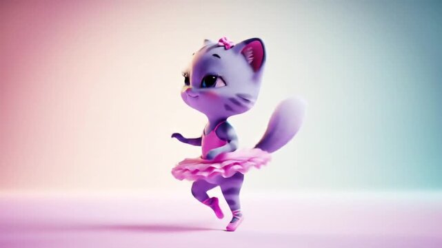 Animated kitten dancing in a pink tutu on gradient background