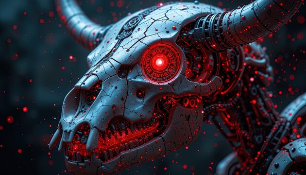 Close-up of a futuristic bull skull robot head, intricate details and glowing red accents, set against a dark backdrop.