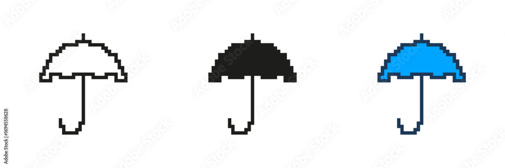 Poster pixelated umbrella icon set. rain and weather protection symbol in retro pixel art style. shelter an