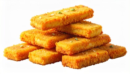 Stack of golden-brown breaded rectangular snacks arranged in a pyramid, topped with green herb garnish, showcasing crispy texture and appetizing appeal.