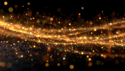 Obraz premium Dark background with sparkling gold holiday garland,magic dust. Gold Abstract litter Blinking sparks. Geerative Ai content.