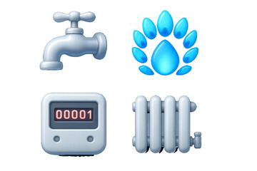 Modern household utility service symbols for water, gas, heating, and energy consumption management and tracking