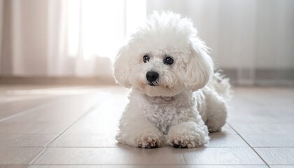 Fluffy white dog on light beige floor