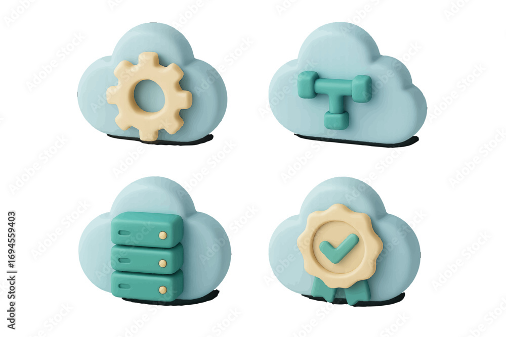 Poster cloud computing services with settings, data storage, and security concepts presented in modern 3d s