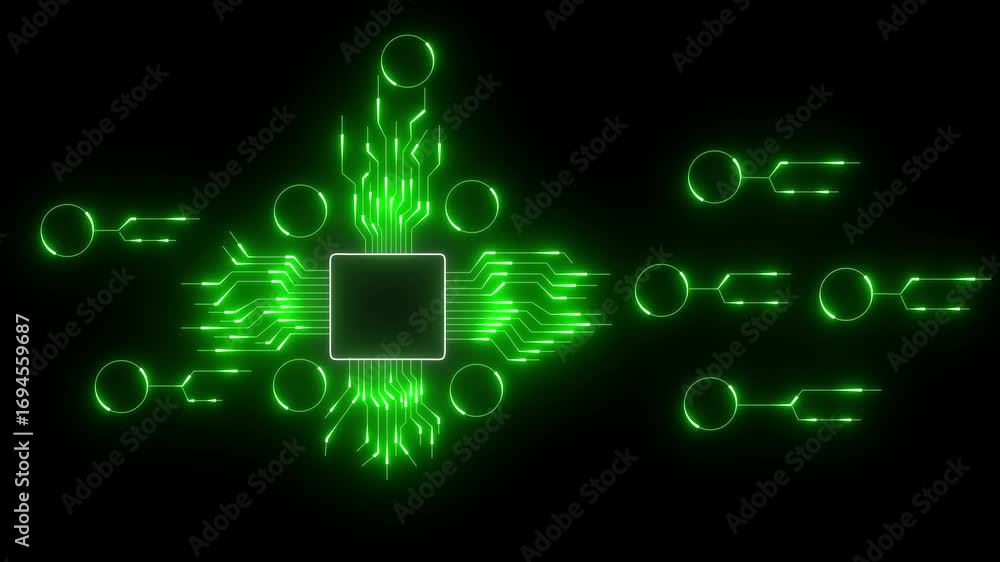 Poster futuristic circuit board microchip data flow abstract technology. circuit board with microchip and p