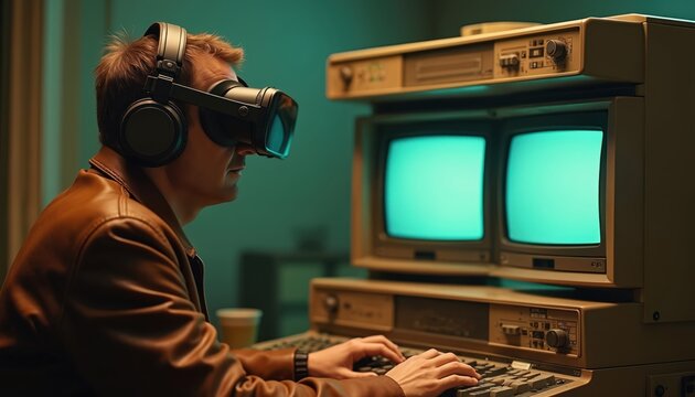 Man wearing vintage virtual reality headset interacts with retro computer monitors. Mid-shot of man in 70s style leather jacket with headphones on, typing on keyboard. Green glowing screens suggest - Powered by Adobe