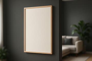 Blank vertical wood frame canvas mockup on a gray wall in a Scandinavian living room for home decor display.