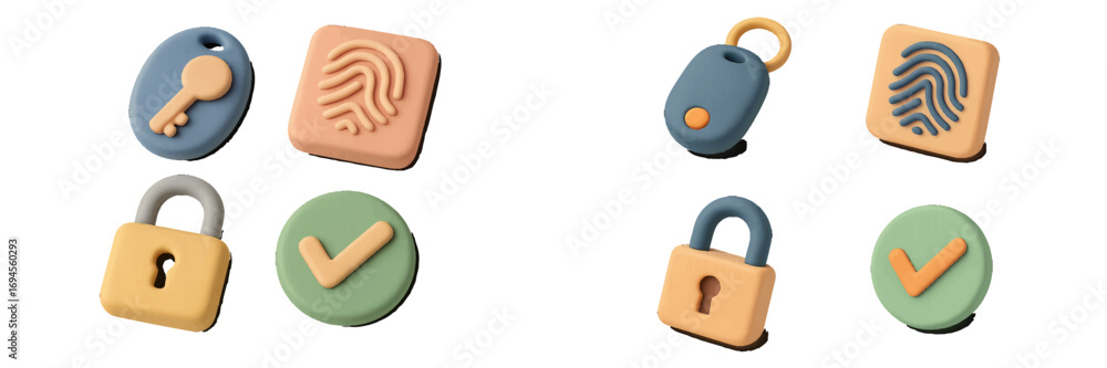 Poster digital security and access control symbols featuring key, fingerprint, lock, and checkmark for onli