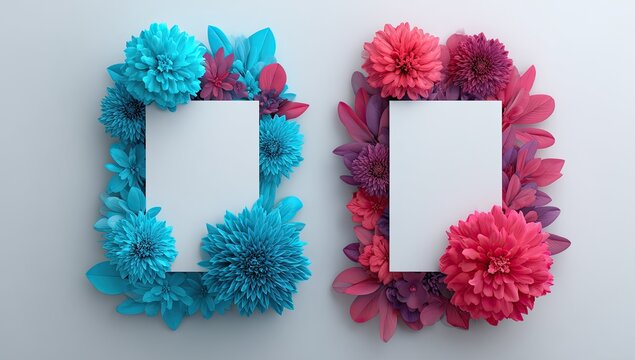 Two blank rectangular frames, vibrant blue and pink, surrounded by 3D floral designs
