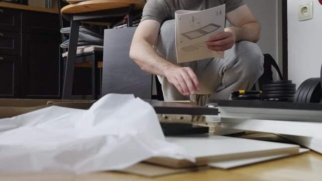 Headless man reading instructions while assembling cabinet furniture 4K