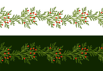 Christmas border with fir tree branches and berries. Seamless pattern with winter plants. Elegant vector holiday decor