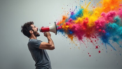 Man shouts ideas through megaphone, releasing colorful paint explosion. Vibrant colors symbolize creativity, inspiration, communication. Dynamic concept highlights innovation, powerful messaging.