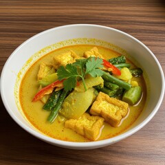 Thai yellow curry with tofu, zucchini, long beans, and chili, Asian vegan food, comfort meal, delivery service concept, cookbook cover or recipe blog illustration