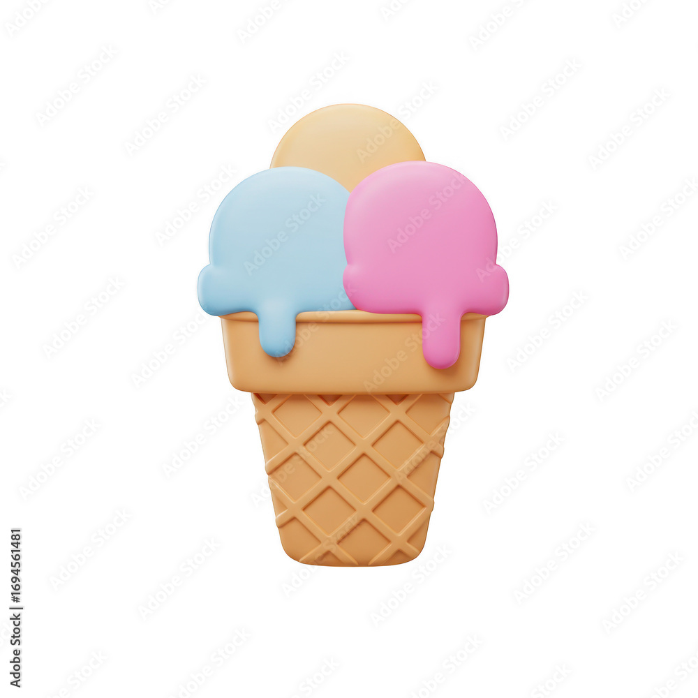 Poster three scoop ice cream cone 3d render isolated on transparent background