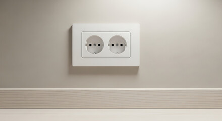 Close-up of a white electrical outlet with two sockets on a neutral wall with a baseboard