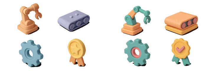 Modern industrial automation and achievement icons featuring robotic arms, gears, and award medals in a clean style