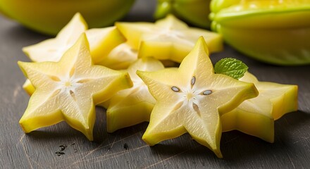 Fototapeta premium Freshly Sliced Starfruit, Food Photography, Bright Kitchen, Colorful Presentation, Natural Lighting