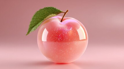 A glossy, translucent pink fruit, seemingly a peach or plum, is highlighted against a soft, pastel background.