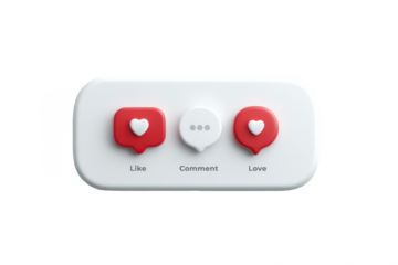 A set of three interactive buttons labeled "Like," "Comment," and "Love" in red and white colors.
