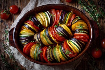 Naklejka premium Classic ratatouille fresh vegetables arranged artistically