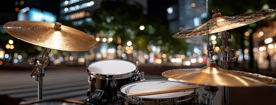 Drum set illuminated by city lights, showcasing a nighttime street performance in a bustling urban environment filled with vibrant energy and musical creativity