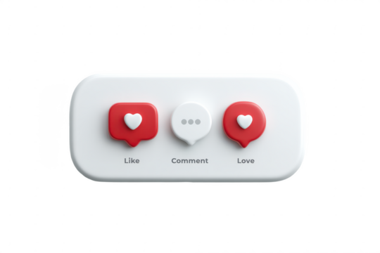 A set of three interactive buttons labeled "Like," "Comment," and "Love" in red and white colors.
