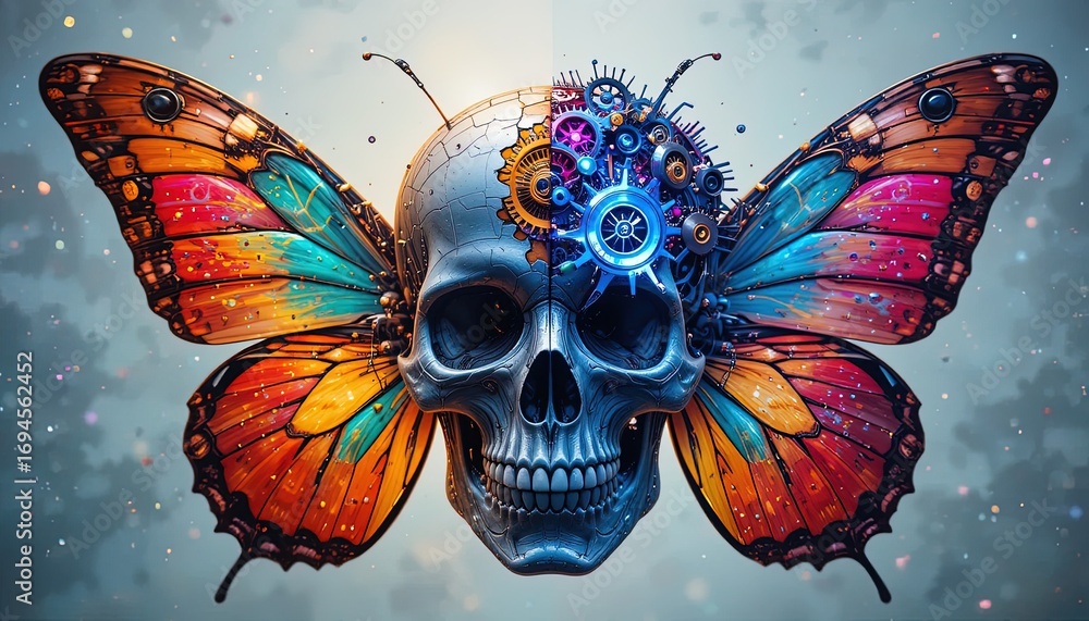 Poster a detailed and vibrant image of a skull, adorned with intricate gears and mechanisms, merged with a 