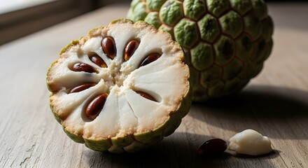 Slicing a Fresh Cherimoya Fruit, Food Photography, Indoor Setting, Natural Light, Close-Up Capture