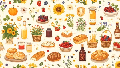 A cheerful and colorful seamless pattern of various food and flower illustrations