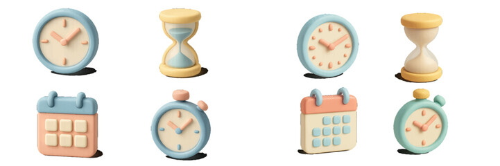 Pastel-colored collection of time management and scheduling icons including clocks, hourglasses, stopwatches, and calendars for various concepts
