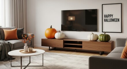 Obraz premium Cozy living room with modern decor and festive Halloween pumpkins creating warm autumn vibes