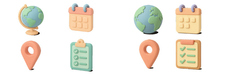 Stylized pastel 3D symbols representing global planning, event scheduling, location tracking, and task management
