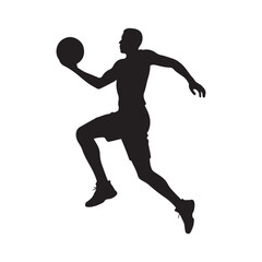 A black silhouette of a basketball player on white Background.