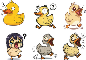 Cartoon duck expressions, emotional duck characters, funny animal illustration, cute bird drawing, vector duck emotions, comic style, expressive ducks, humor