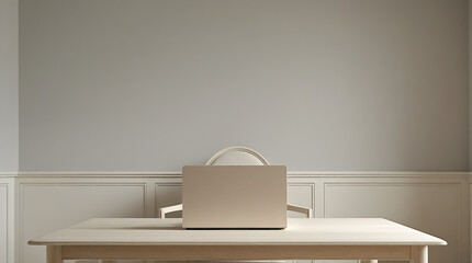 Fototapeta premium Empty clean bright space with desk, chair and laptop