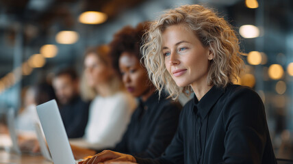 Diverse Businesswomen Working on Laptops and Documents in Modern Open-Space Office