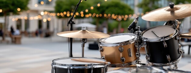 Naklejka premium Drum set ready for a summer evening concert in an outdoor plaza with warm lights illuminating the space