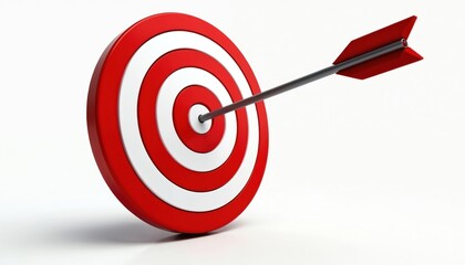 Red and white target with arrow hitting bullseye. Clean visual illustration of success, achievement and strategy. Simple graphic design with strong focus on objective and goal.