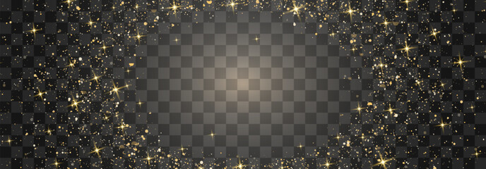 Glitter gold particles shine effect on transparent background. Vector gold glitter particles effect and texture. Stardust amber particles color on png background. Golden explosion of confetti